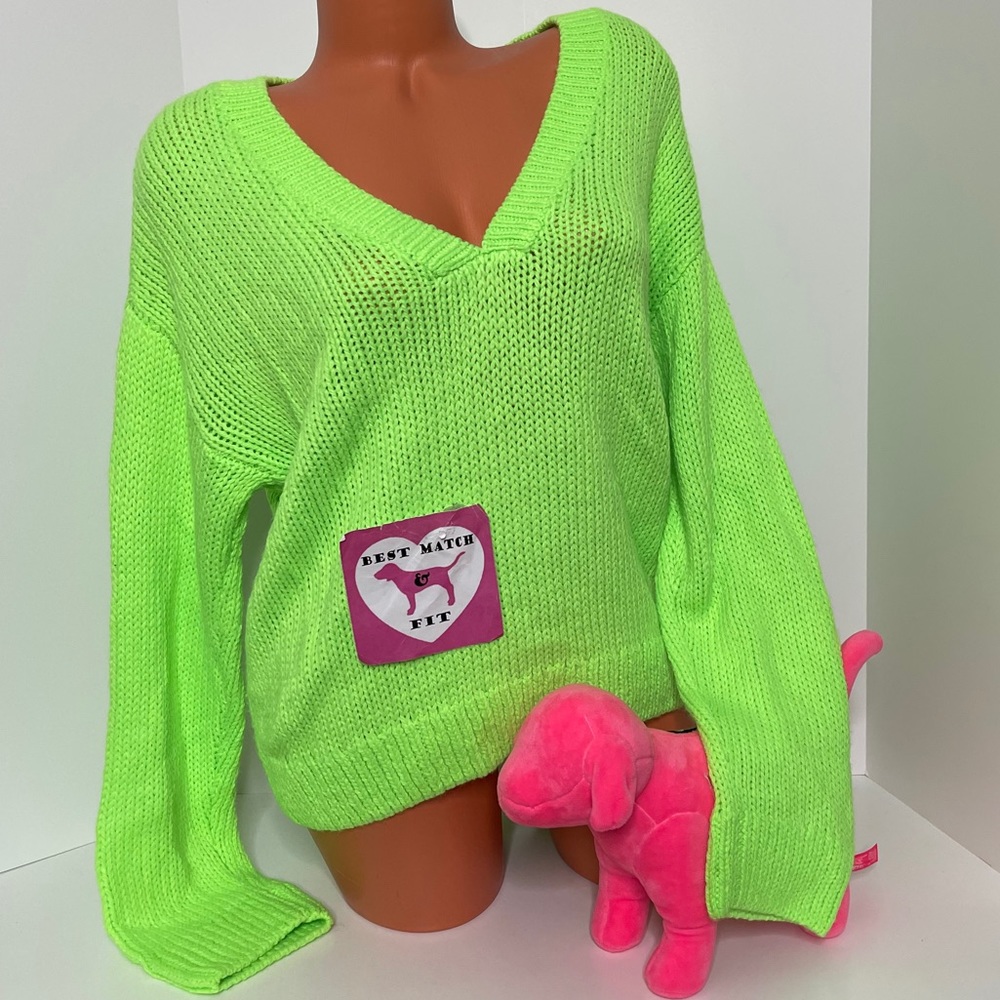Victoria’s Secret PINK M Logo Fuzzy Sweater V-Neck Knit Plunge Soft Neon